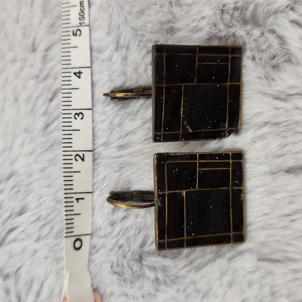 Vintage Black Enamel Square Dangle Earrings Gold Tone Geometric Abstract Art Dec - Picture 4 of 5